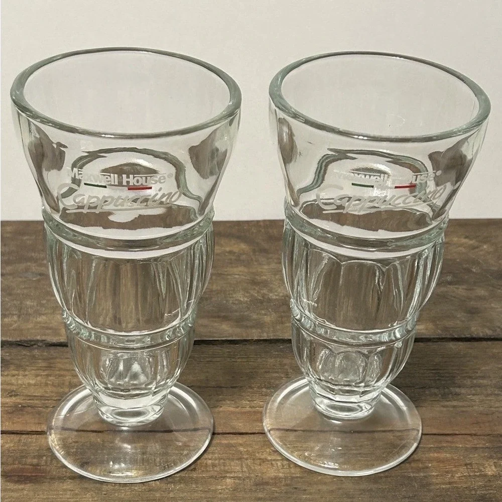 Maxwell House Cappuccino Glass Cups Clear Footed Dessert Ice Cream Sundae Set/2